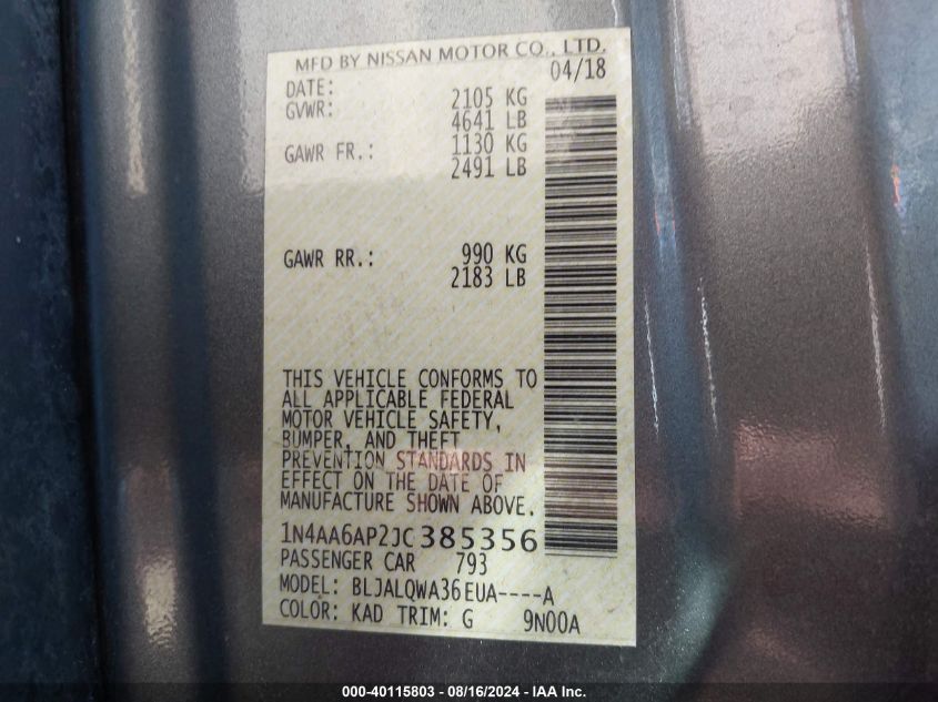 1N4AA6AP2JC385356 2018 Nissan Maxima 3.5 S