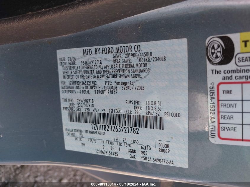 2006 Ford Mustang Gt VIN: 1ZVHT82H265221782 Lot: 40115814