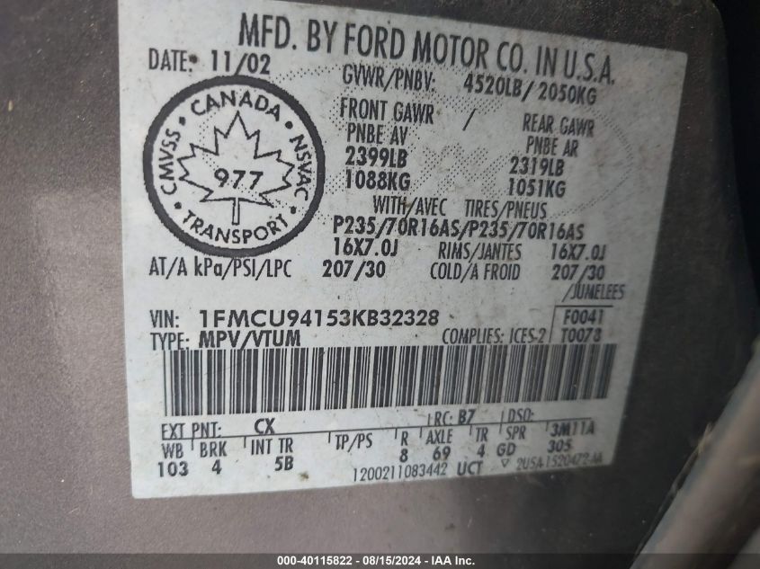 2003 Ford Escape Limited VIN: 1FMCU94153KB32328 Lot: 40115822