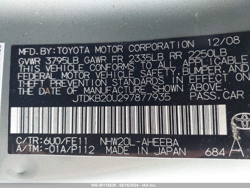 2009 Toyota Prius VIN: JTDKB20U297877935 Lot: 40115829