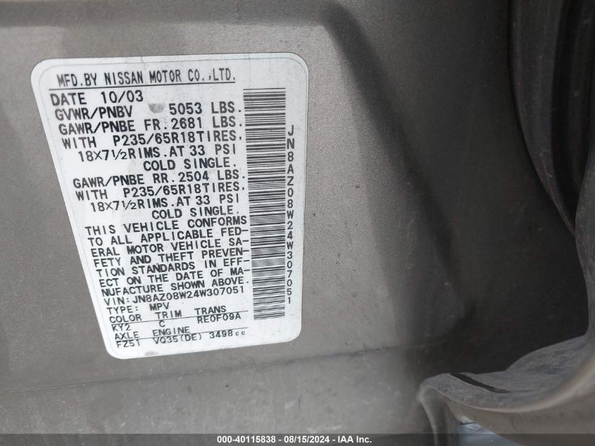 2004 Nissan Murano Sl/Se VIN: JN8AZ08W24W307051 Lot: 40115838