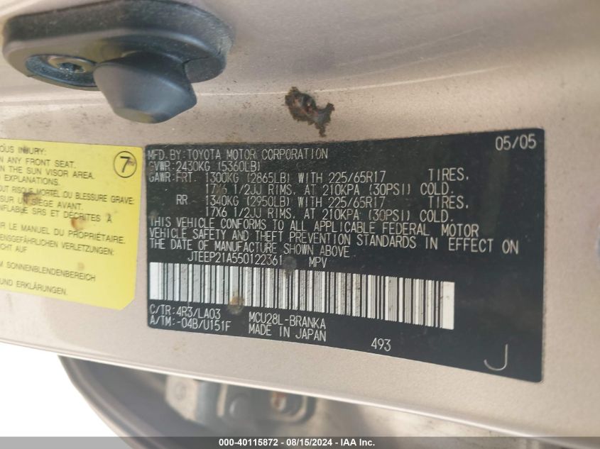 2005 Toyota Highlander Limited VIN: JTEEP21A550122361 Lot: 40115872