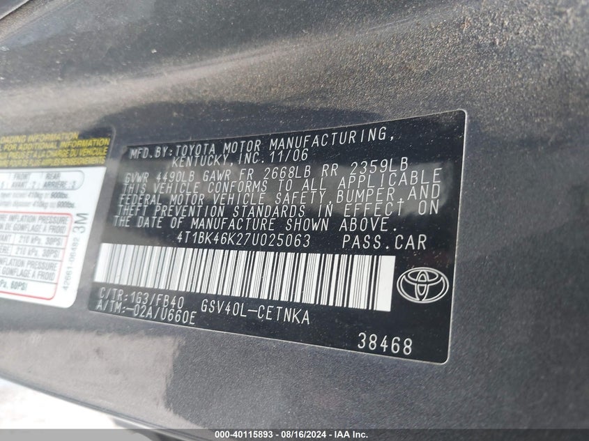 2007 Toyota Camry Le V6 VIN: 4T1BK46K27U025063 Lot: 40115893