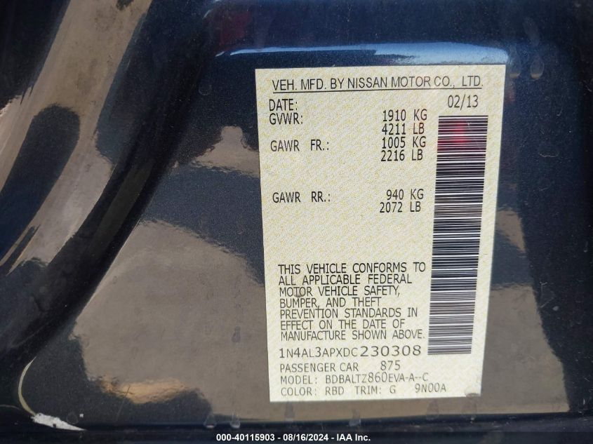 1N4AL3APXDC230308 2013 Nissan Altima 2.5 Sv