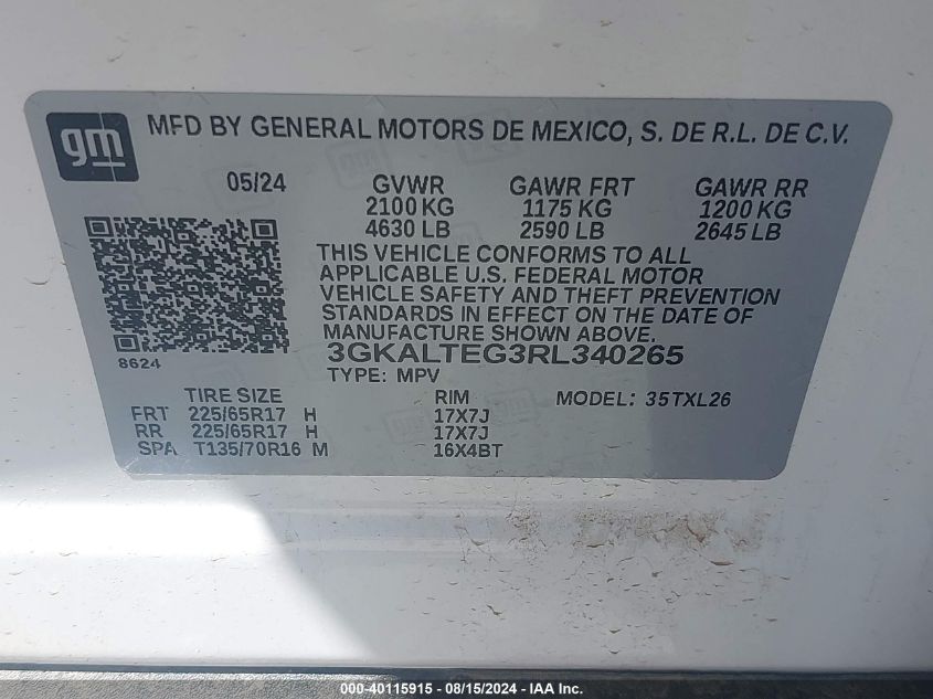 2024 GMC Terrain Awd Sle VIN: 3GKALTEG3RL340265 Lot: 40115915