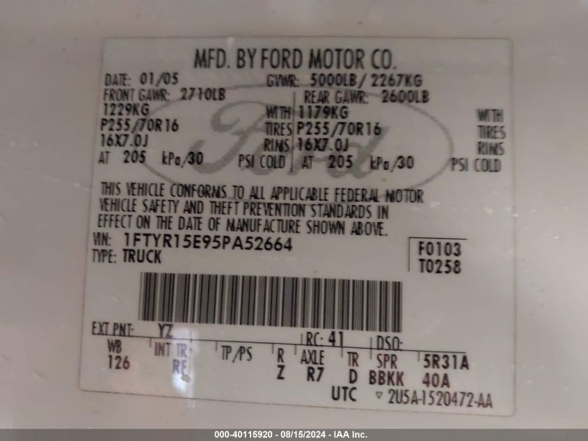 1FTYR15E95PA52664 2005 Ford Ranger Edge/Xl/Xlt