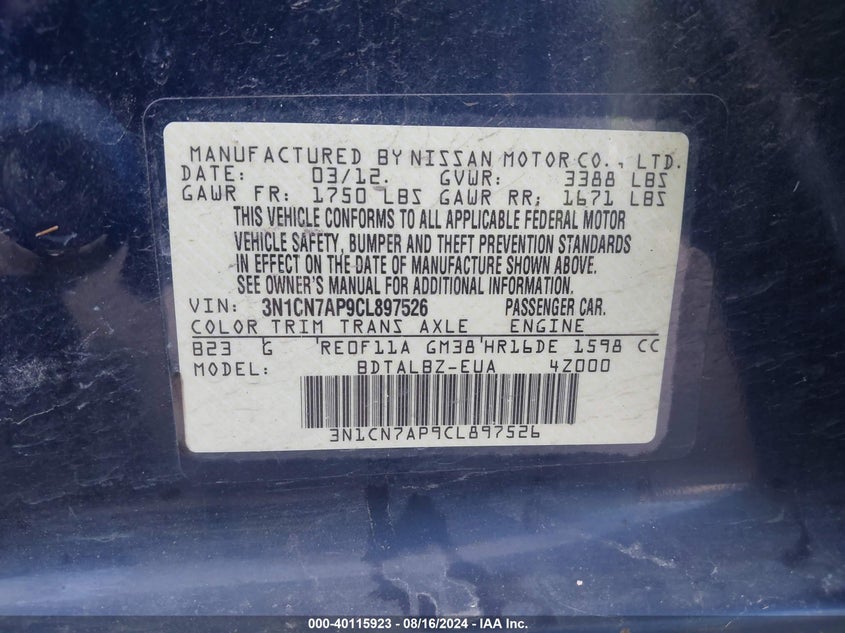 2012 Nissan Versa 1.6 Sv VIN: 3N1CN7AP9CL897526 Lot: 40115923