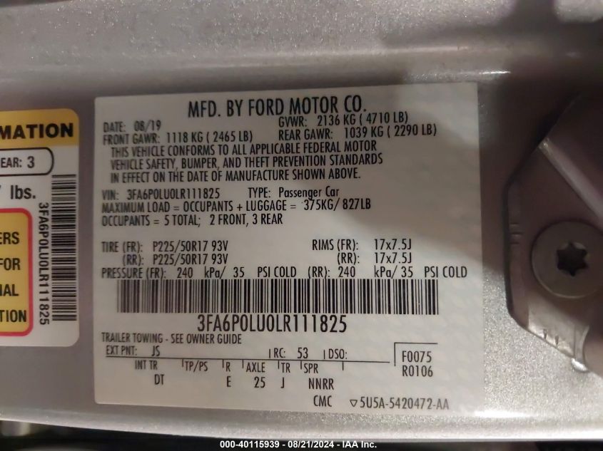 2020 Ford Fusion Hybrid Se VIN: 3FA6P0LU0LR111825 Lot: 40115939