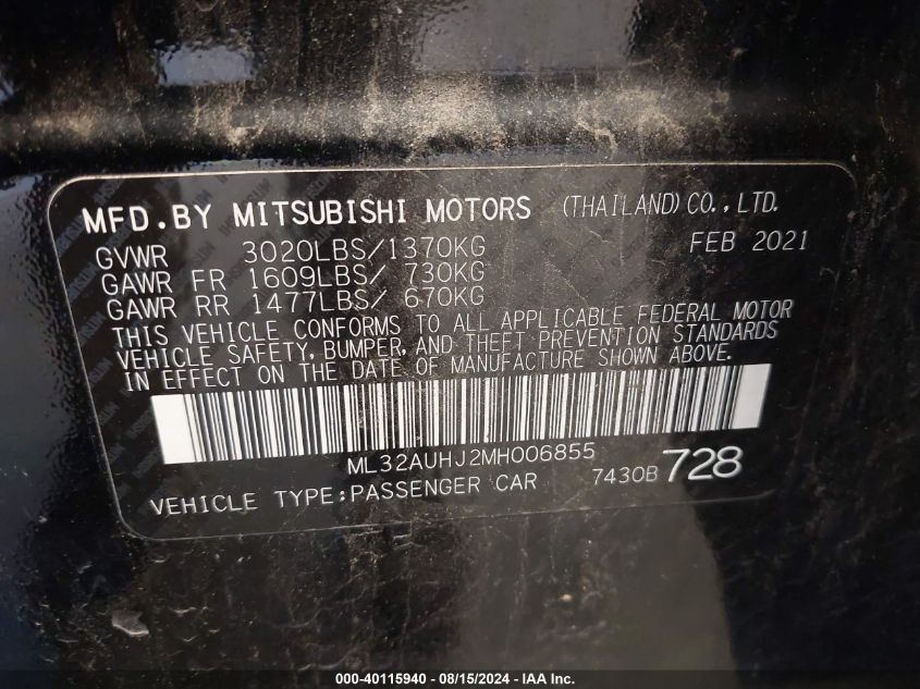 2021 Mitsubishi Mirage Es/Le/Carbonite Edition VIN: ML32AUHJ2MH006855 Lot: 40115940