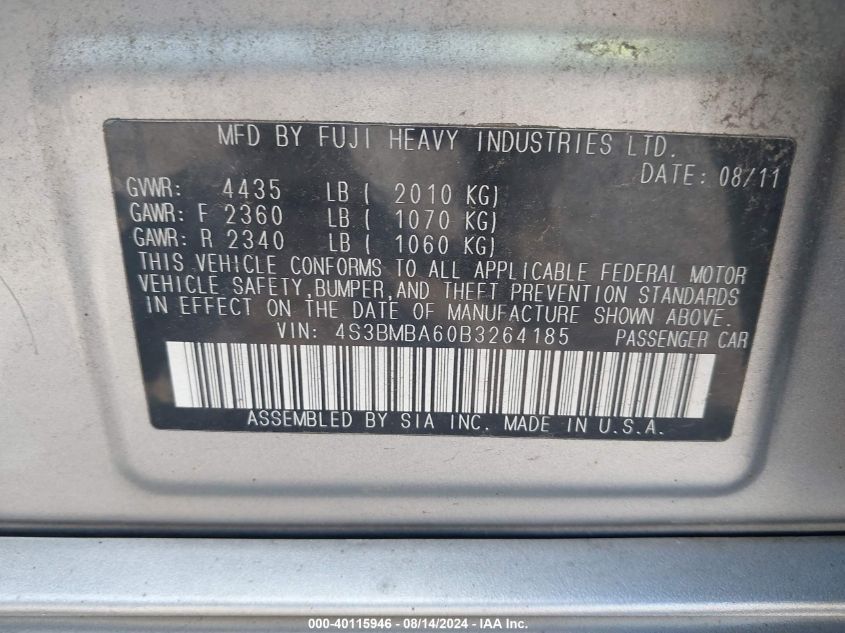 2011 Subaru Legacy 2.5I VIN: 4S3BMBA60B3264185 Lot: 40115946
