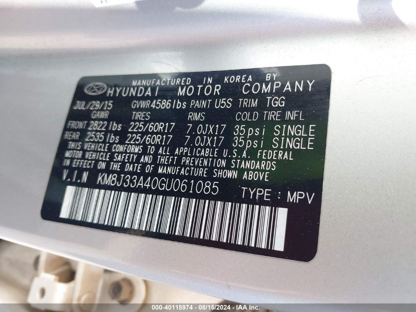2016 Hyundai Tucson Se VIN: KM8J33A40GU061085 Lot: 40115974