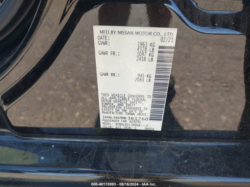 2021 Nissan Altima S Fwd VIN: 1N4BL4BV9MN361760 Lot: 40115993