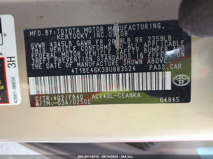 2009 Toyota Camry Le VIN: 4T1BE46K39U883524 Lot: 40116010