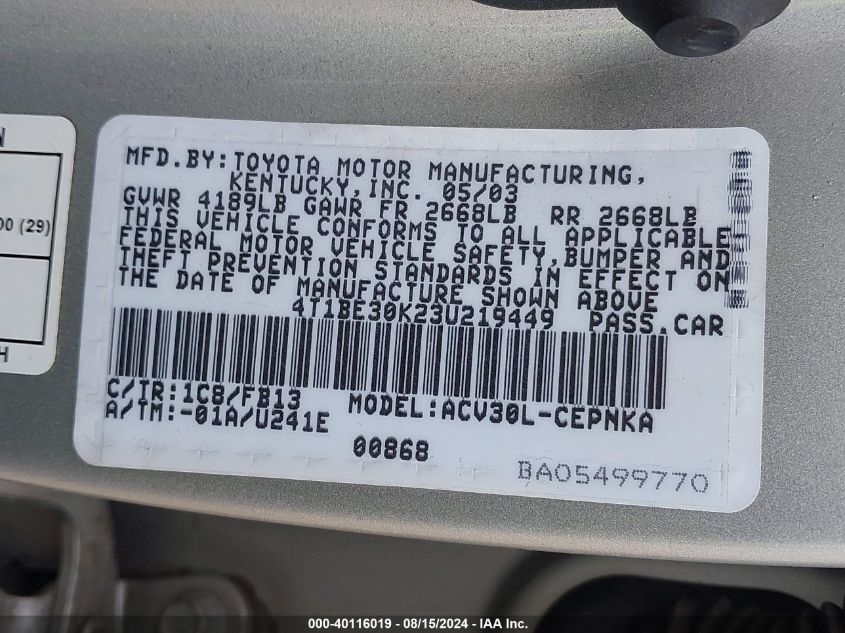 2003 Toyota Camry Le VIN: 4T1BE30K23U219449 Lot: 40116019