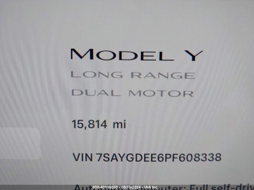 2023 Tesla Model Y Awd/Long Range Dual Motor All-Wheel Drive VIN: 7SAYGDEE6PF608338 Lot: 40116030