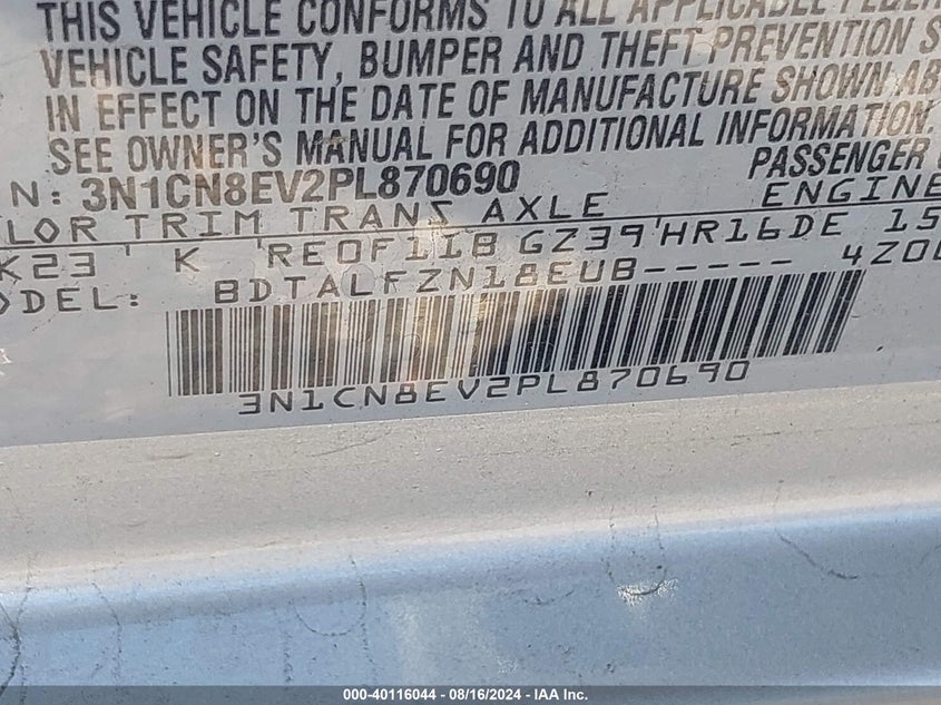 2023 Nissan Versa Sv VIN: 3N1CN8EV2PL870690 Lot: 40116044