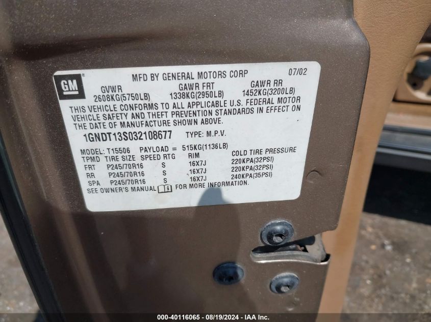 2003 Chevrolet Trailblazer Ls VIN: 1GNDT13S032108677 Lot: 40116065