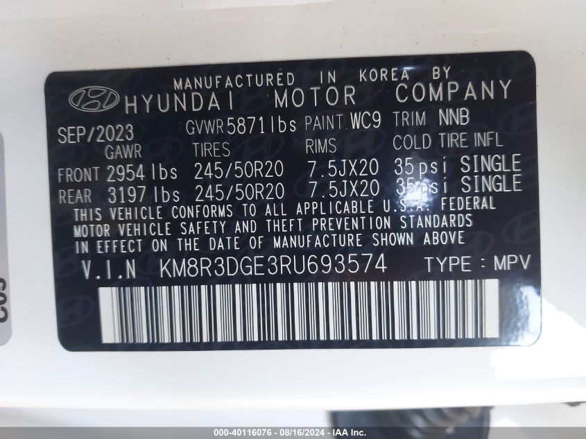 2024 Hyundai Palisade Xrt VIN: KM8R3DGE3RU693574 Lot: 40116076