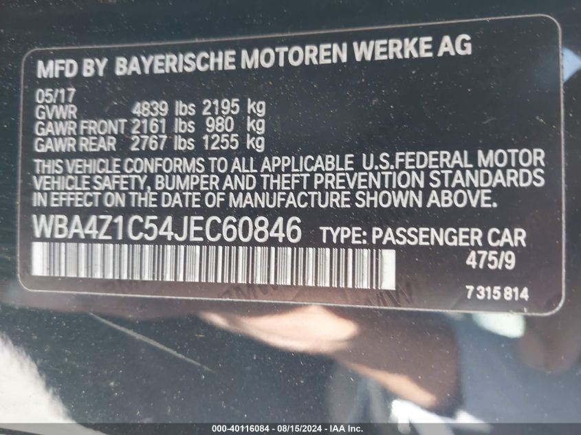 2018 BMW 430I VIN: WBA4Z1C54JEC60846 Lot: 40116084