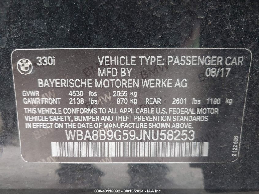 2018 BMW 330I VIN: WBA8B9G59JNU58253 Lot: 40116092