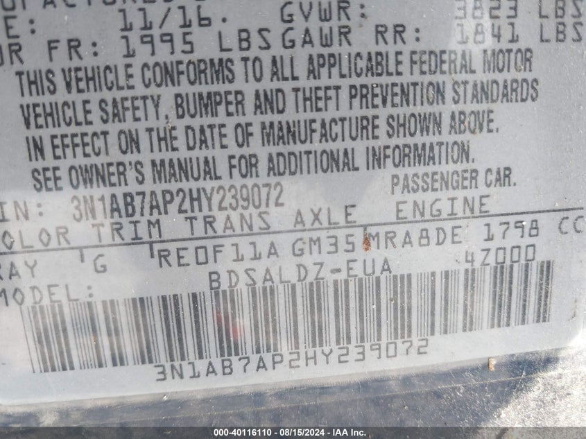 2017 Nissan Sentra Sv VIN: 3N1AB7AP2HY239072 Lot: 40116110