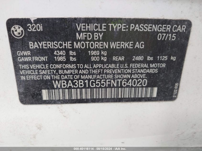 2015 BMW 320I VIN: WBA3B1G55FNT64020 Lot: 40116114
