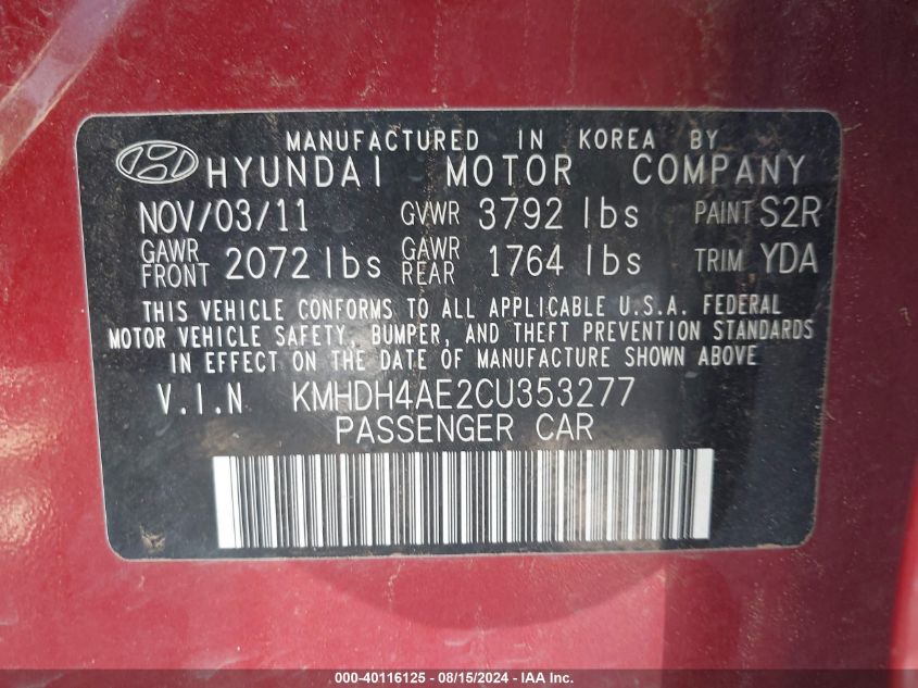 2012 Hyundai Elantra Gls (Ulsan Plant) VIN: KMHDH4AE2CU353277 Lot: 40116125