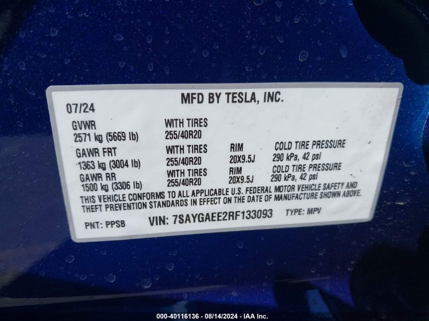 2024 Tesla Model Y Long Range Dual Motor All-Wheel Drive VIN: 7SAYGAEE2RF133093 Lot: 40116136