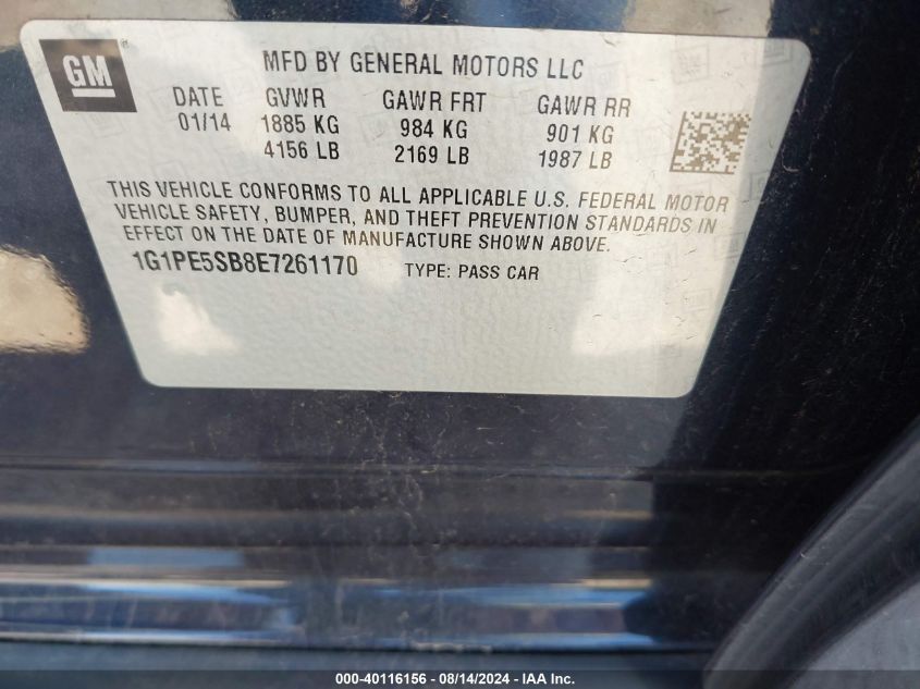 2014 Chevrolet Cruze 2Lt Auto VIN: 1G1PE5SB8E7261170 Lot: 40116156