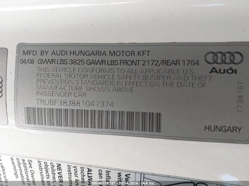 2008 Audi Tt 2.0T Premium VIN: TRUBF38J881047374 Lot: 40116157