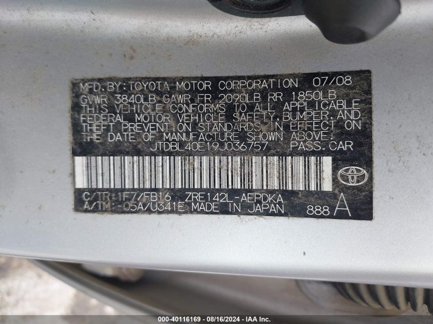 2009 Toyota Corolla Le VIN: JTDBL40E19J036757 Lot: 40116169