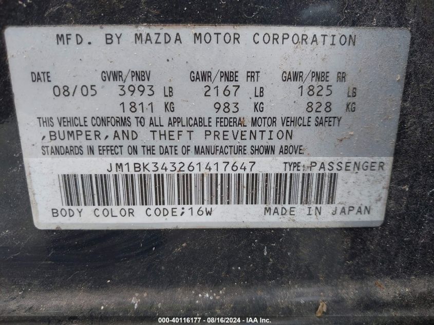 2006 Mazda Mazda3 S Touring VIN: JM1BK343261417647 Lot: 40116177