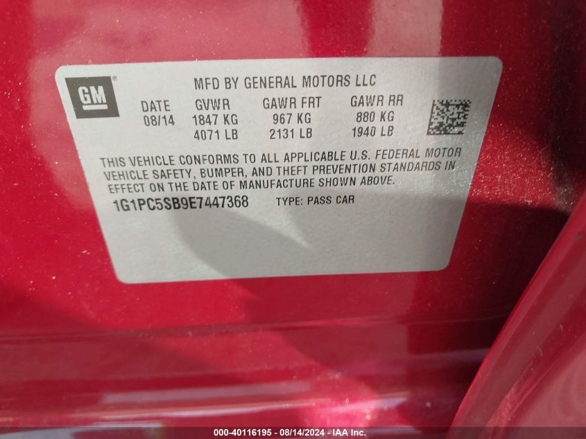 2014 Chevrolet Cruze Lt VIN: 1G1PC5SB9E7447368 Lot: 40116195