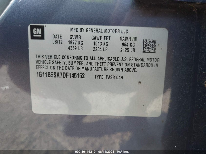 2013 Chevrolet Malibu 1Ls VIN: 1G11B5SA7DF145162 Lot: 40116210