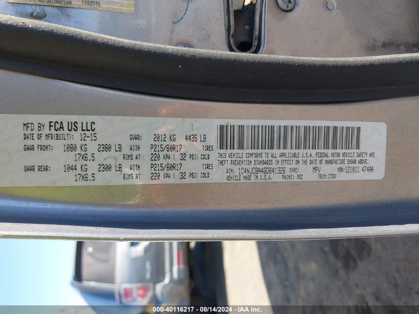 2016 Jeep Compass Sport VIN: 1C4NJCBA4GD641326 Lot: 40116217