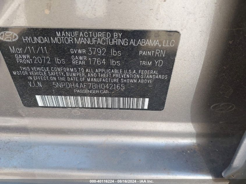 2011 Hyundai Elantra Gls VIN: 5NPDH4AE7BH042165 Lot: 40116224