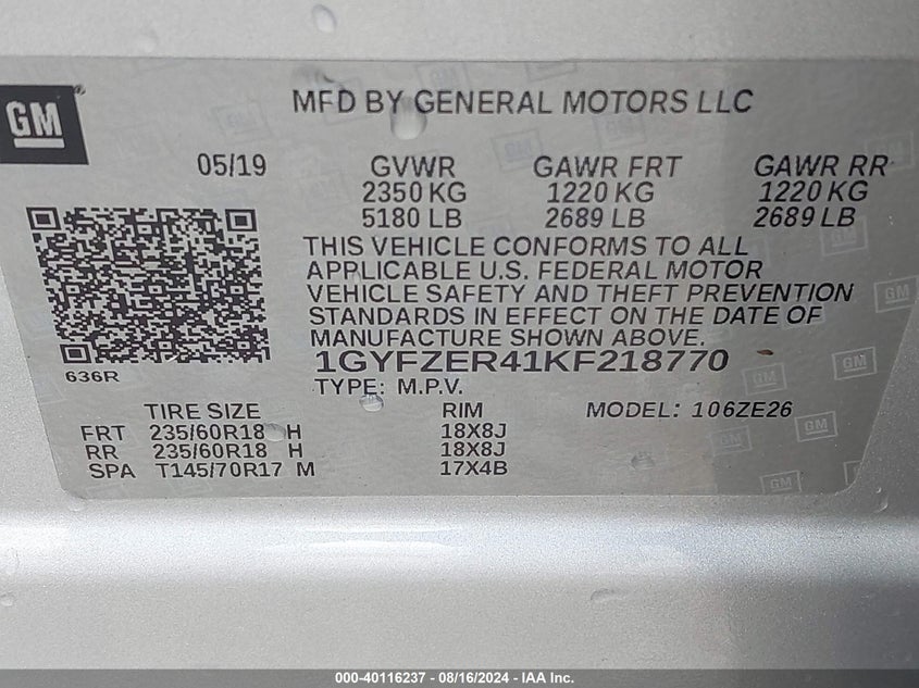 VIN 1GYFZER41KF218770 2019 CADILLAC XT4 SPORT