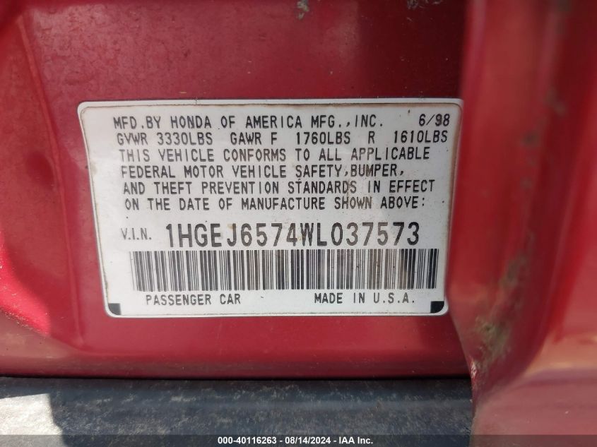 1998 Honda Civic Lx VIN: 1HGEJ6574WL037573 Lot: 40116263