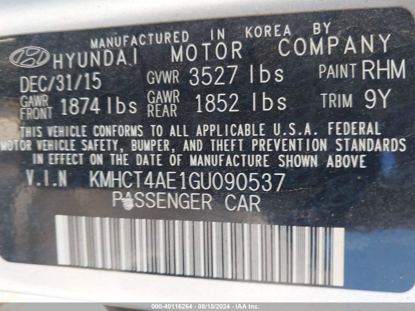 2016 Hyundai Accent Se VIN: KMHCT4AE1GU090537 Lot: 40116264