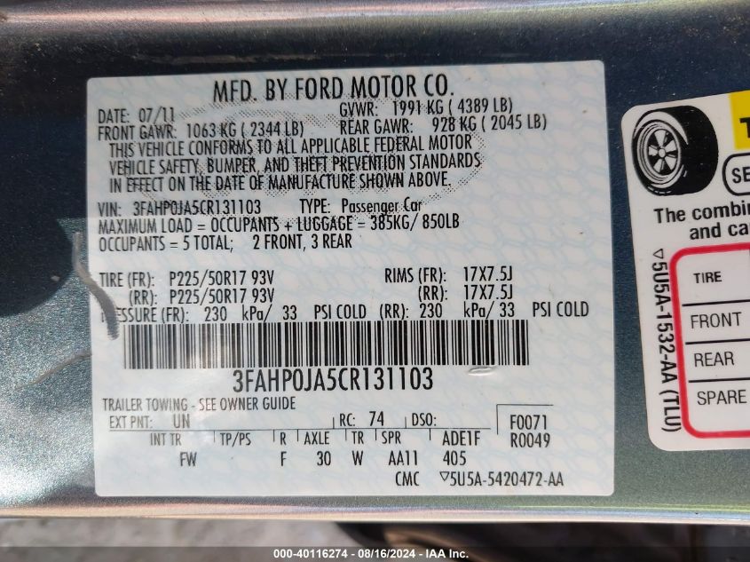 2012 Ford Fusion Sel VIN: 3FAHP0JA5CR131103 Lot: 40116274