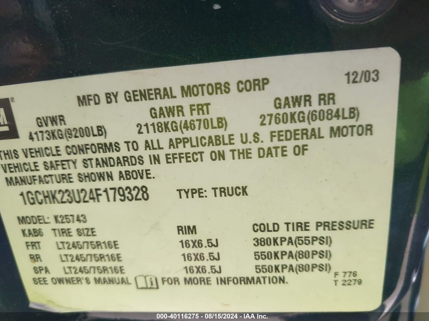 2004 Chevrolet Silverado 2500Hd Ls VIN: 1GCHK23U24F179328 Lot: 40116275
