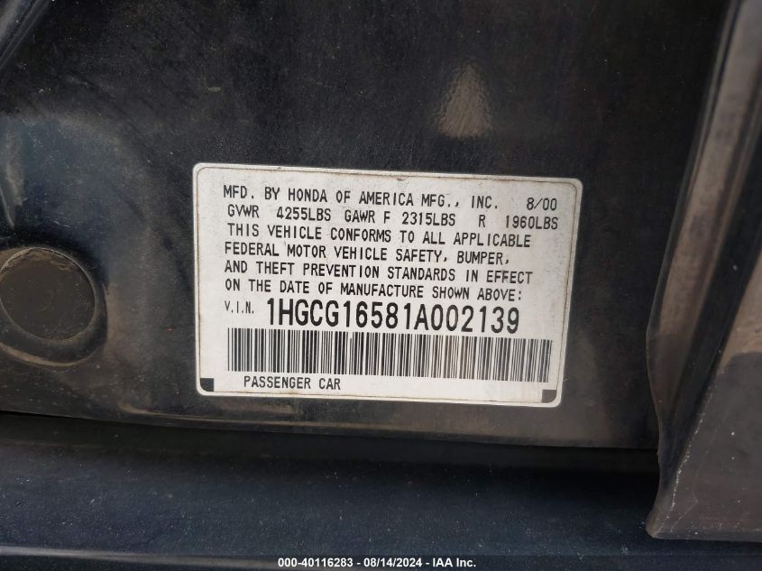 1HGCG16581A002139 2001 Honda Accord 3.0 Ex