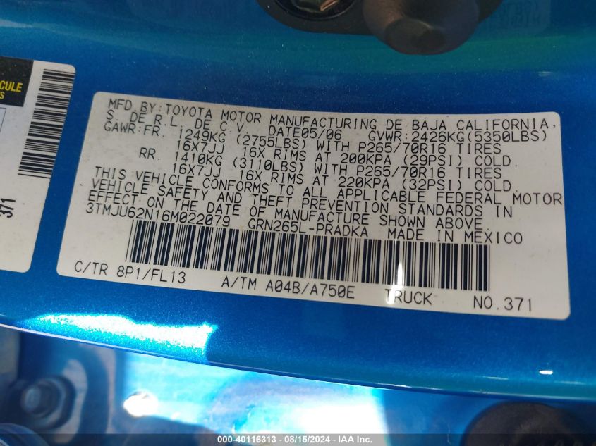 2006 Toyota Tacoma Prerunner V6 VIN: 3TMJU62N16M022079 Lot: 40116313