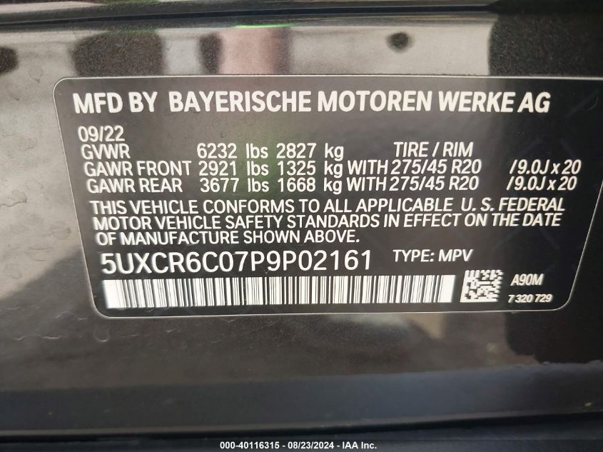 2023 BMW X5 xDrive40I VIN: 5UXCR6C07P9P02161 Lot: 40116315