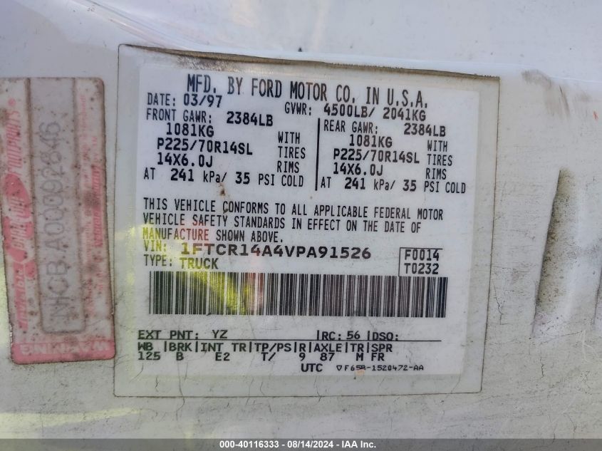 1997 Ford Ranger Xl/Xlt VIN: 1FTCR14A4VPA91526 Lot: 40116333
