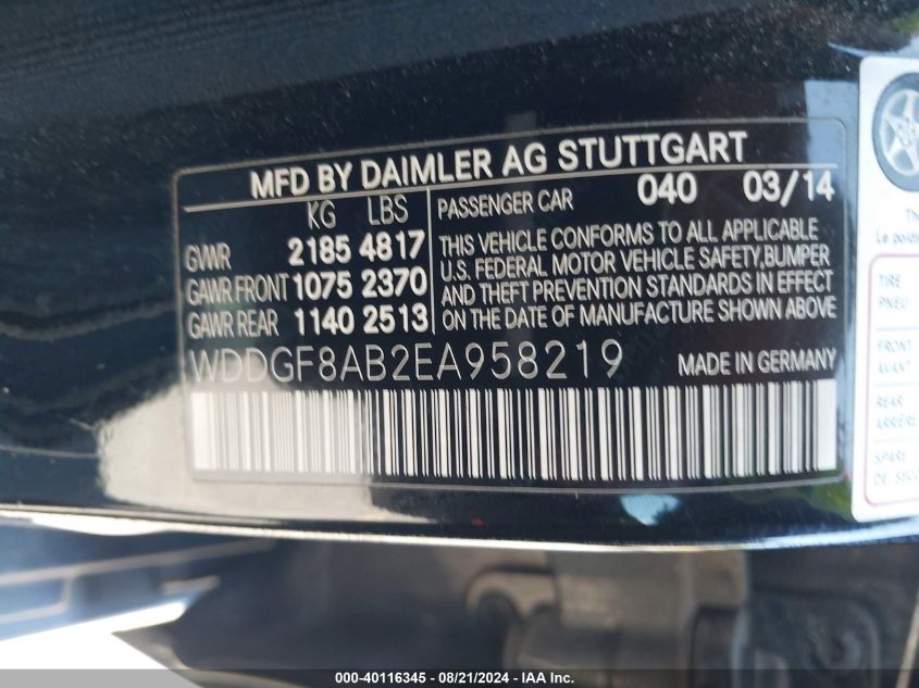 2014 Mercedes-Benz C 300 300 4Matic VIN: WDDGF8AB2EA958219 Lot: 40116345