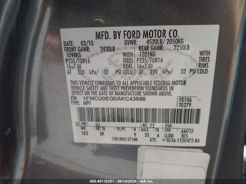 2010 Ford Escape Limited VIN: 1FMCU0EG0AKC43686 Lot: 40116381