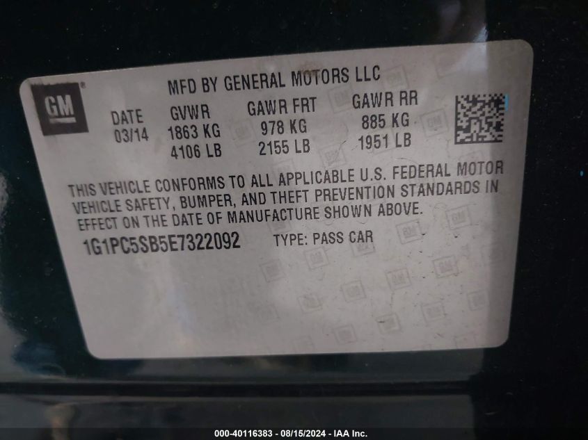 2014 Chevrolet Cruze 1Lt Auto VIN: 1G1PC5SB5E7322092 Lot: 40116383