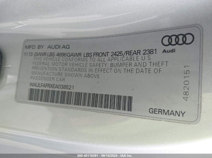 2014 Audi A5 2.0T Premium VIN: WAULFAFRXEA038521 Lot: 40116391