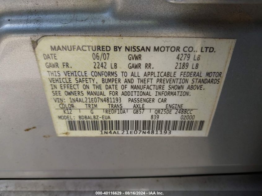 1N4AL21E07N481193 2007 Nissan Altima 2.5 S